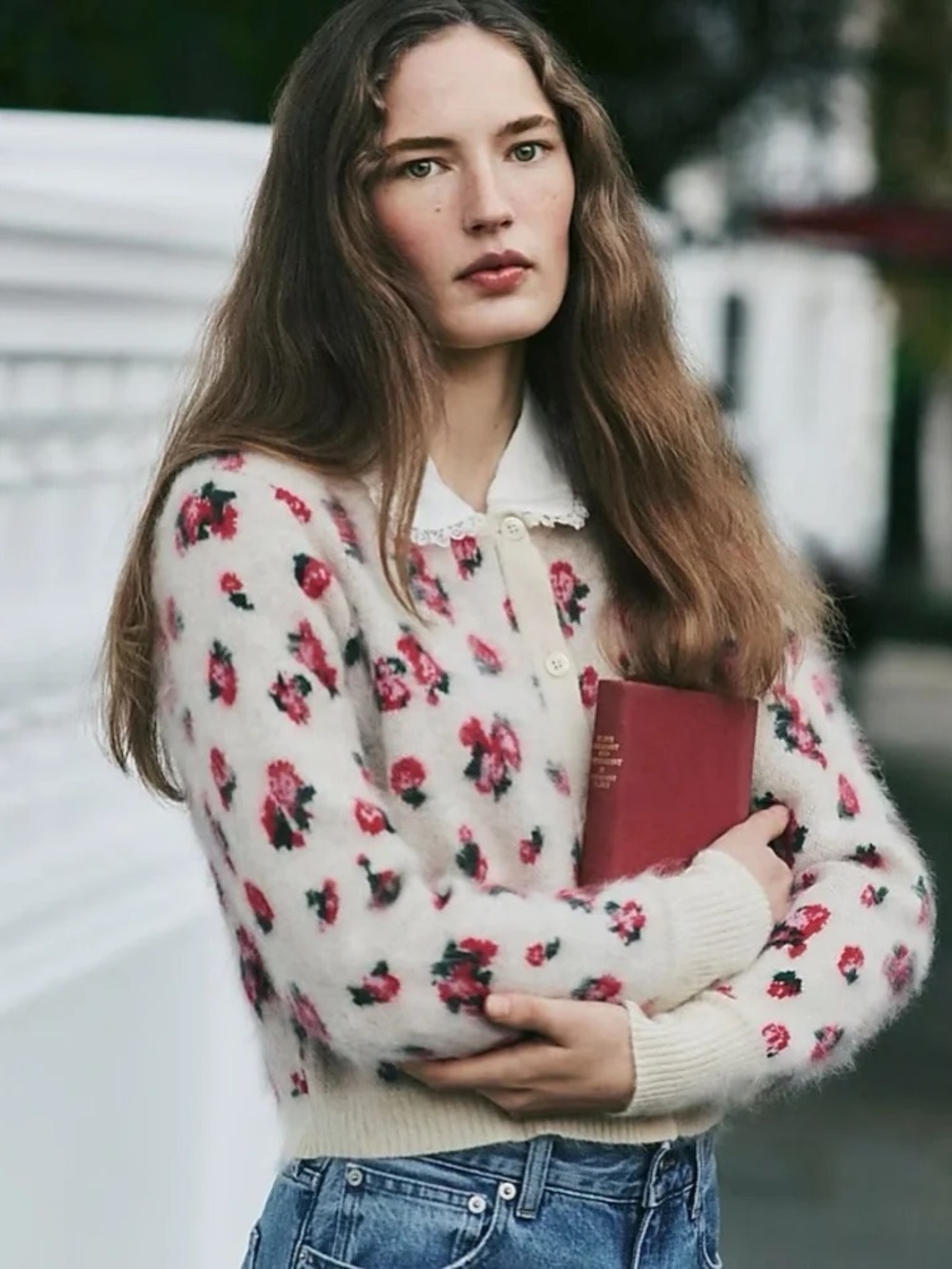 J Crew Brushed Cashmere cropped cardigan in blurry floral